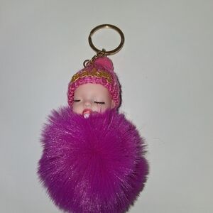 Pink Fluffy Keychain with Baby Doll Charm
